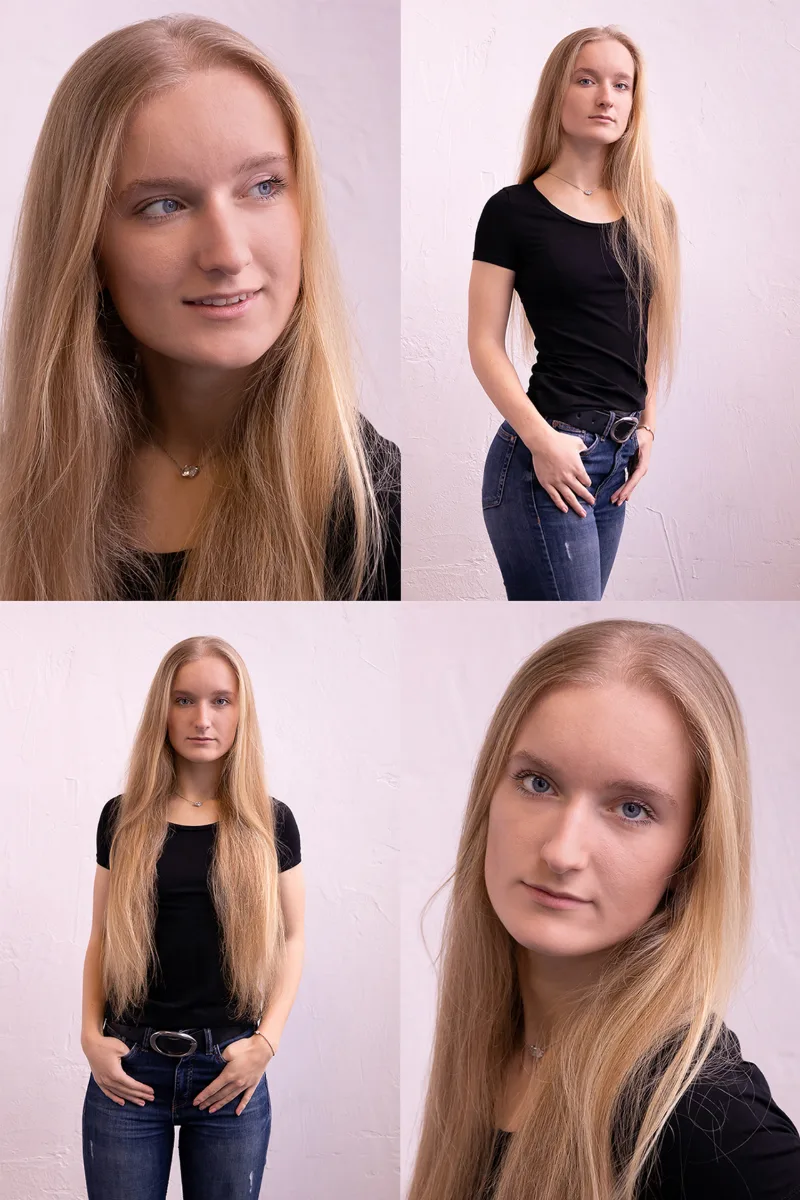 Beauty-Collage aus vier Portraits einer jungen Frau mit langem hellem Haar — Frontal, Profil, Halbkörper, Close-Up