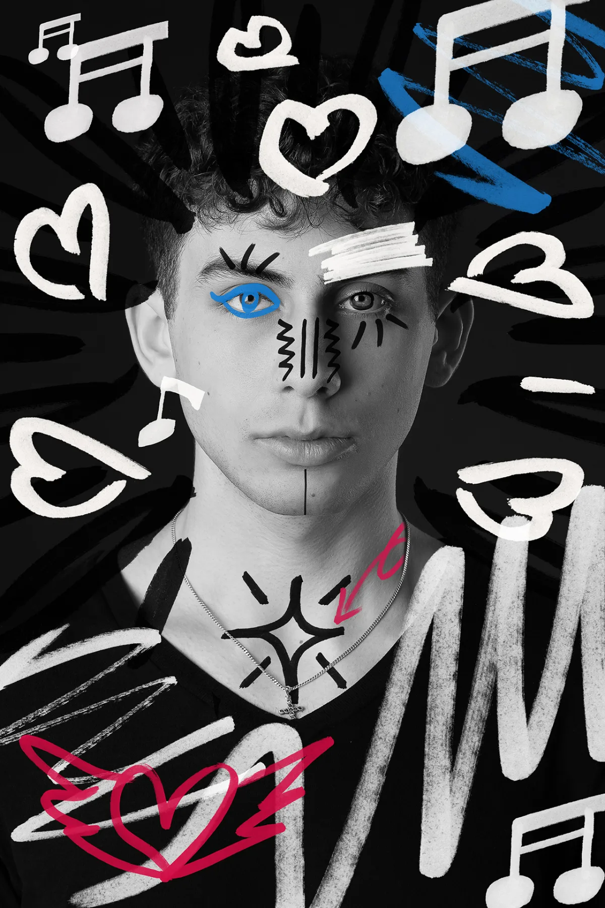 Editorial beauty: portrait of the young man overlaid with painted music notes, hearts and graphic brushstrokes