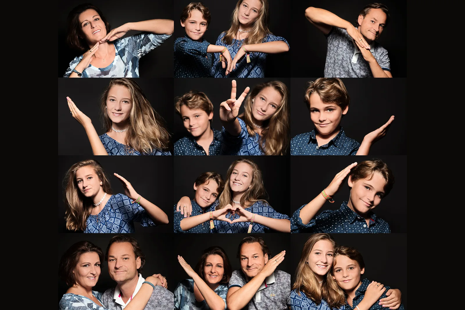 A montage of many studio frames of a family of four posing playfully with their arms and hands against a black background