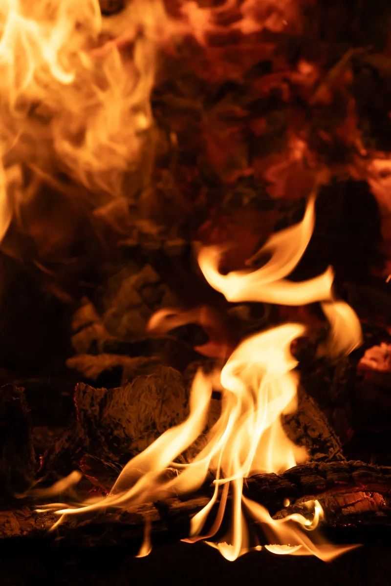 A close-up of licking flames and glowing embers in a fire