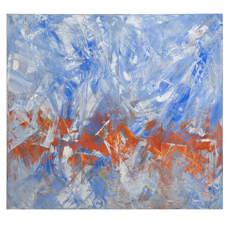 An abstract acrylic painting with energetic blue, white and orange brushstrokes