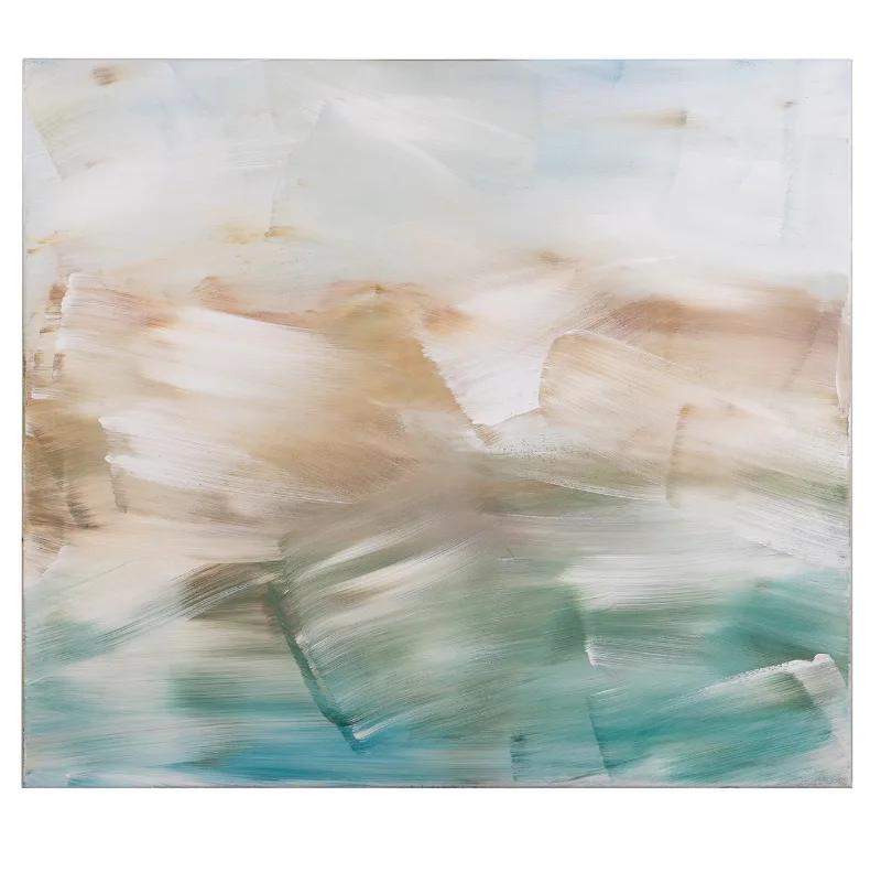 An abstract acrylic painting in calm sand, white and turquoise tones