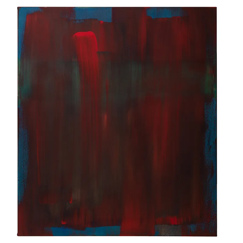 An abstract acrylic painting in deep red with a glowing red stroke and blue edges