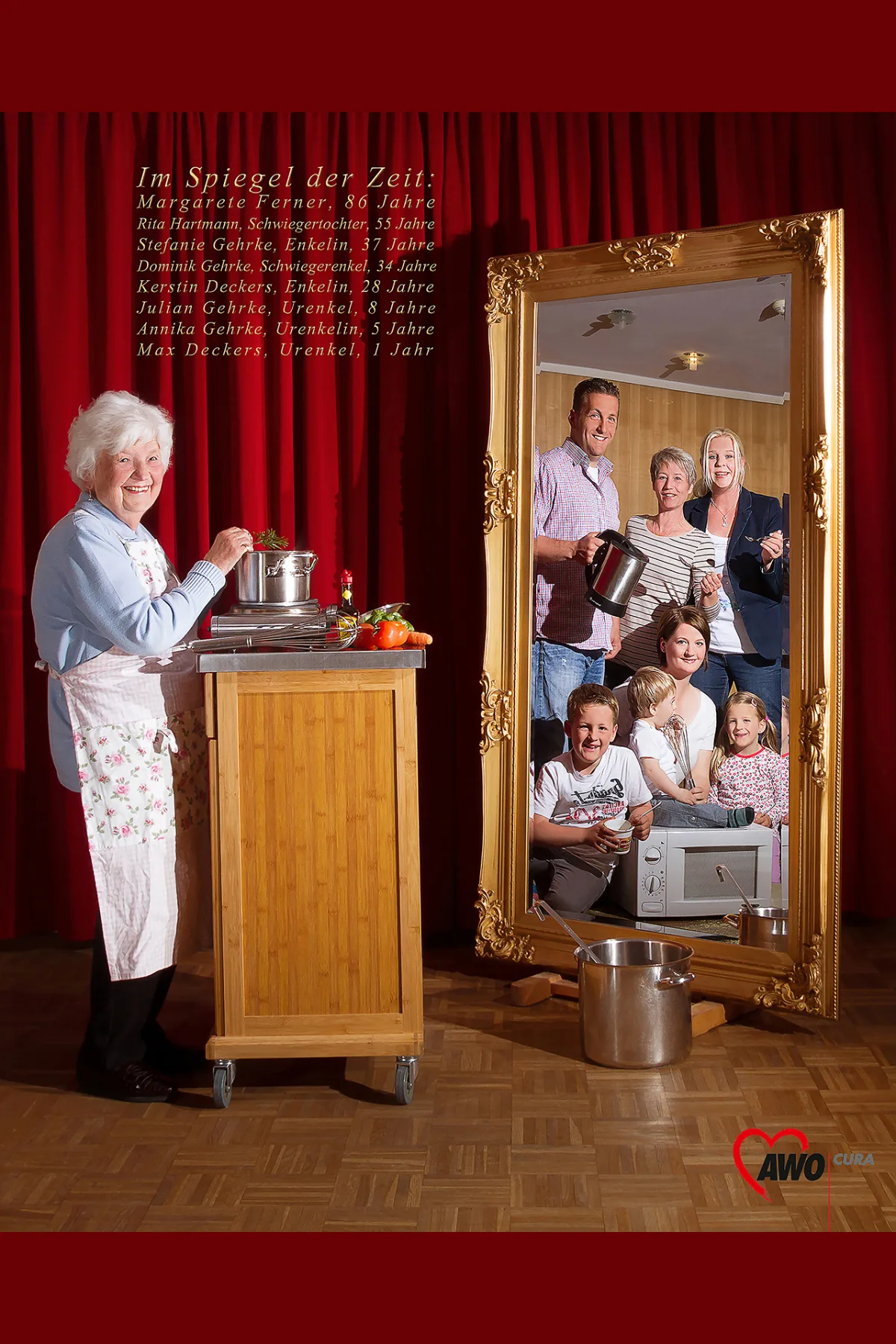 Staged portrait in front of a red theatre curtain: Margarete Ferner (86) cooking at a trolley while a baroque mirror shows seven members of her family across four generations